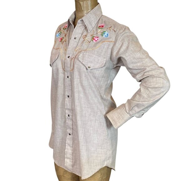 VTG Sears Western Shirt Pearl Snap Flower Chainstitch 70s Cowboy Rodeo S #204B - Picture 5 of 7